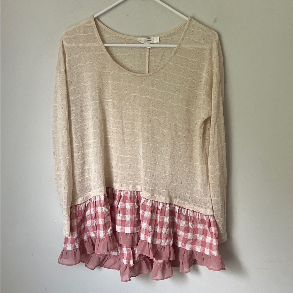 Entro Women’s Plaid Fall Ruffle Sweater Cream Size Small 🗝️